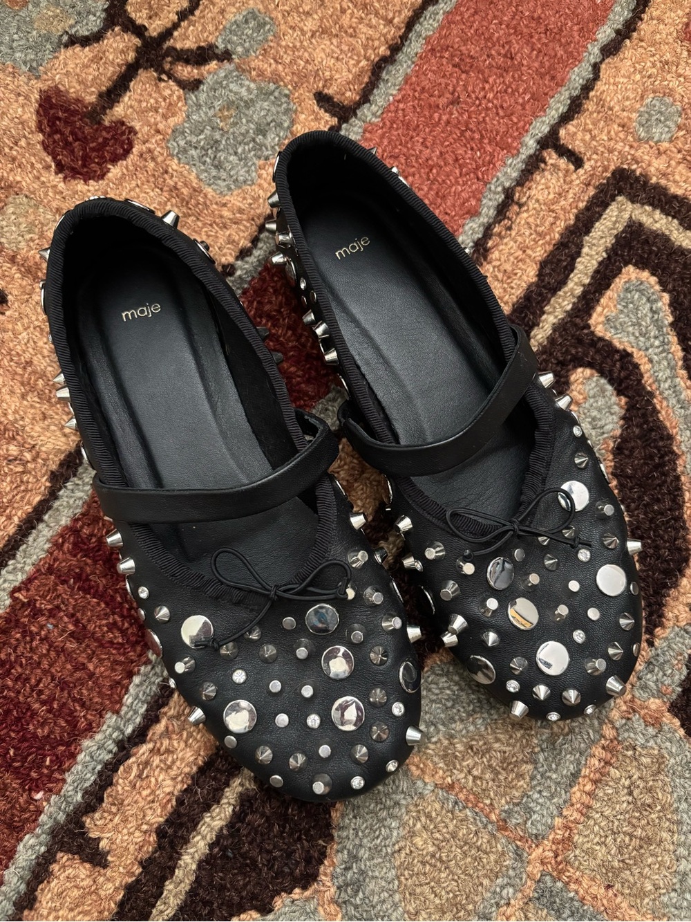Maje Black Studded Bow Mary Jane Flats